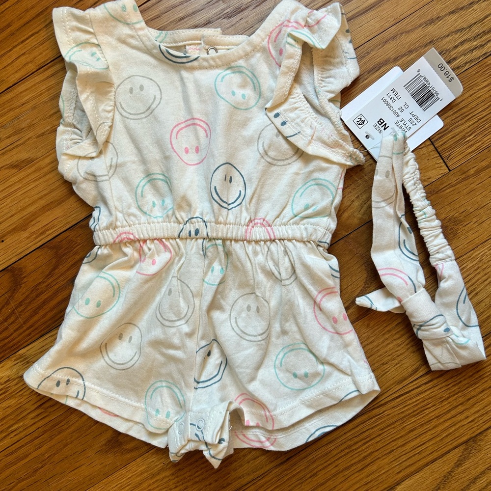 Baby One-Piece Romper with Pastel Smile Print - Cream